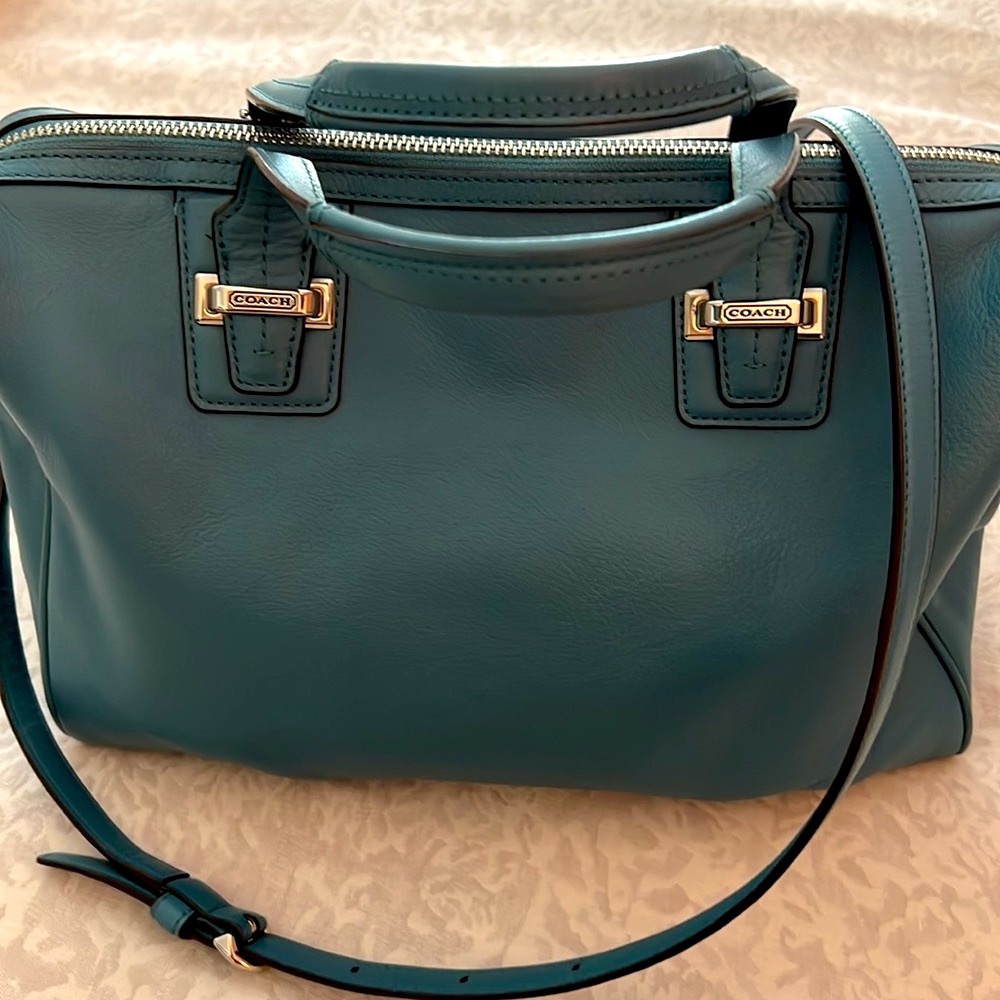 Coach Teal Leather Satchel with Silver Hardware and Removable Strap